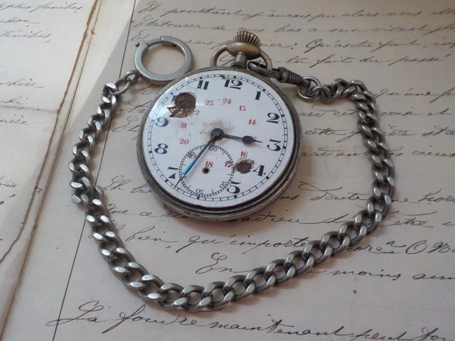 Ancienne chaine de montre à gousset en acier et cuir