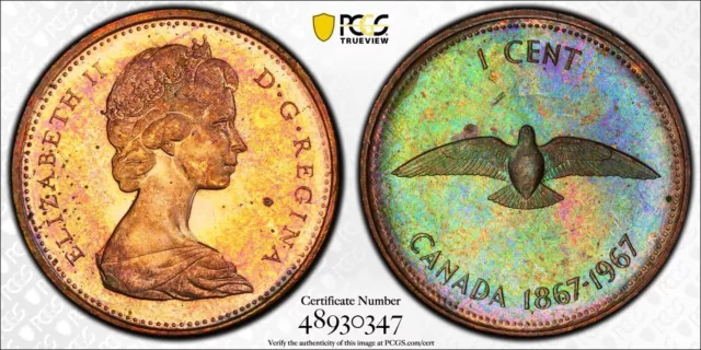 PL64RB 1967 1C Canada Dove 1 Cent, PCGS Trueview- Pretty Rainbow Toned 2