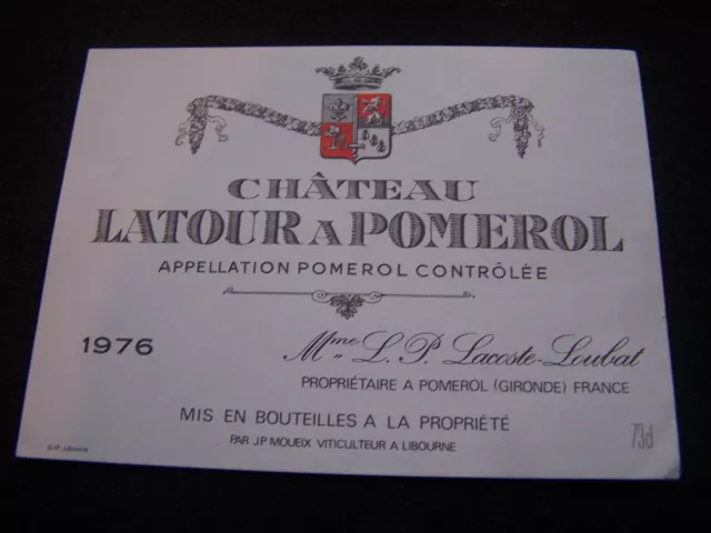 etiquette vin Chateau LATOUR A Pomerol 1976 wine label bordeaux grand cru