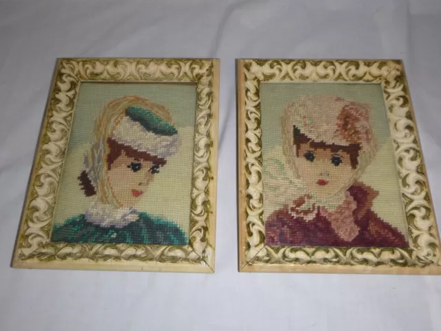 Pr Vtg 1930s Framed Needlepoint Portrait of Turn of the Century Women Completed