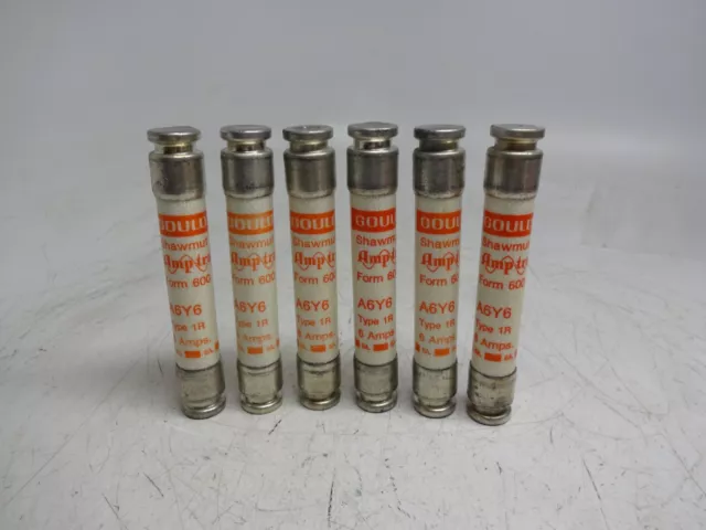 Lot of 6 Gould Shawmut A6Y6 Type 1R Fuse Amp-Trap 6A 600V A6Y6-1R