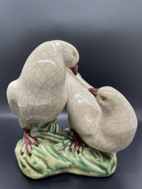 Vintage Chinese Crackle Porcelain Doves Pigeon Figure on Green Ground Base