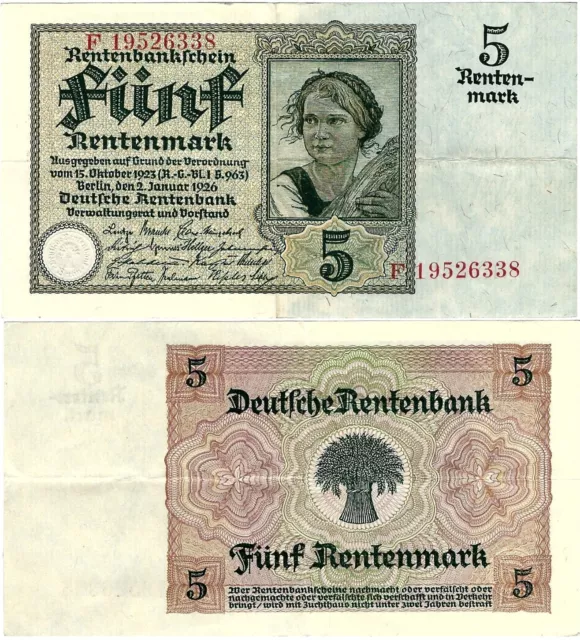 Rentenbankschein 5 Rentenmark 1926 Berlin DEU-209b Ro.164b P-169(2)