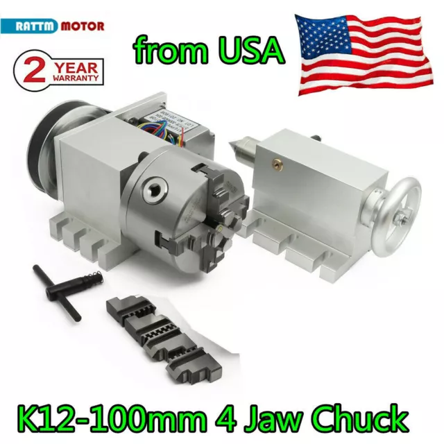 【USA】 CNC Engraving Machine Rotary 4th Axis 100mm 4jaw lathe chuck 6:1 Tailstock