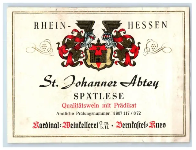 1970's-80's Rhein Hessen St Johanner Abtey German Wine Label Original S42E