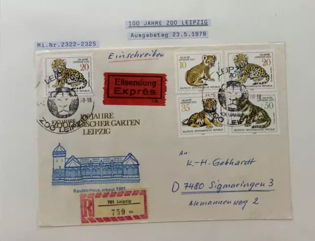 DDR FDC 100 J. Zoo Leipzig MiNr. 2322-2325 SST, R-Brief, Eilsendung