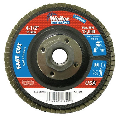 Vortec Pro Abrasive Flap Discs,4.5", 40 Grit, 5/8 Arbor, 13,000 Rpm, Phenolic