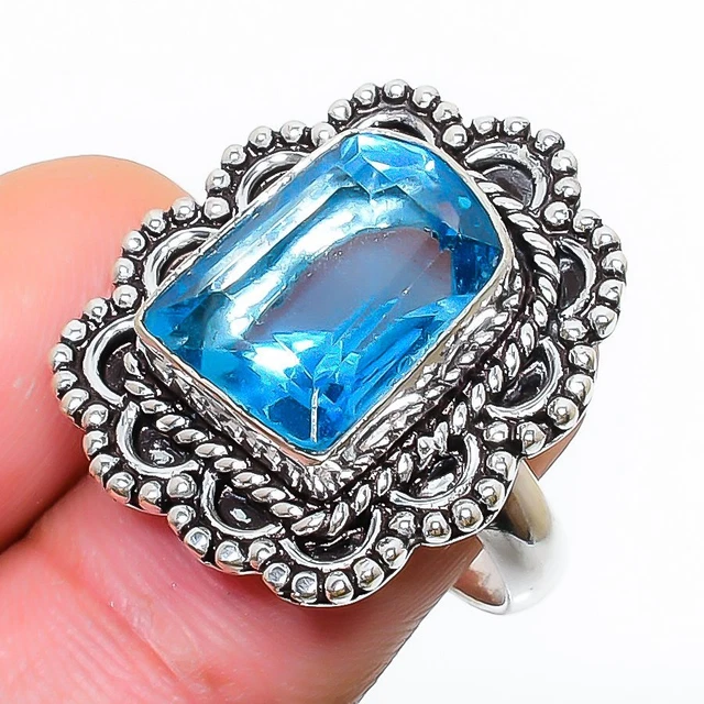 Swiss Blue Topaz Gemstone Handmade Gift Jewelry Ring Size 5.5 b450
