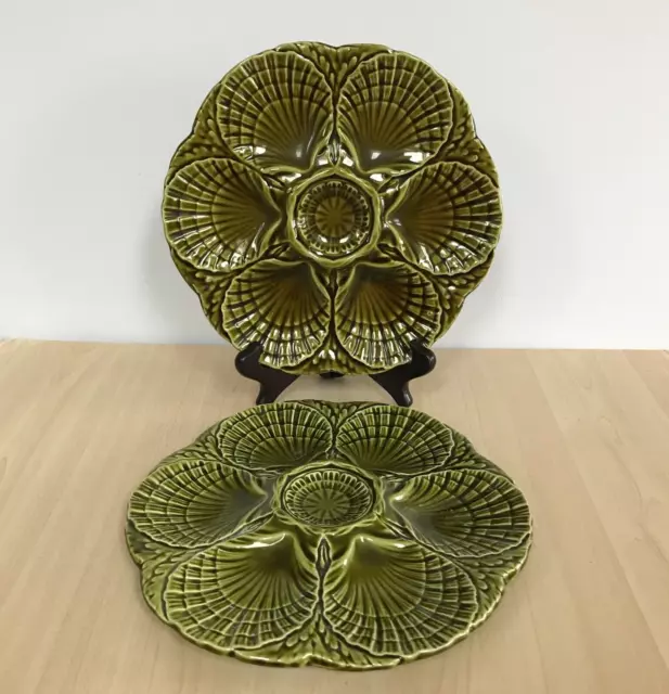 Antique French Sarreguemines Majolica Oyster Plates x 2 Green Scallop Shells