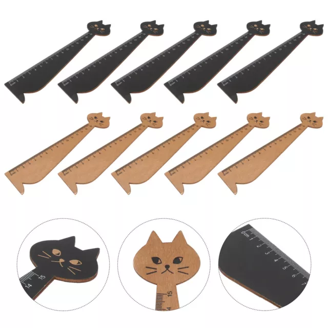 Retro Wood Drawing Ruler 10pcs Cartoon Wooden Straight Cats Bookmarks for-NP