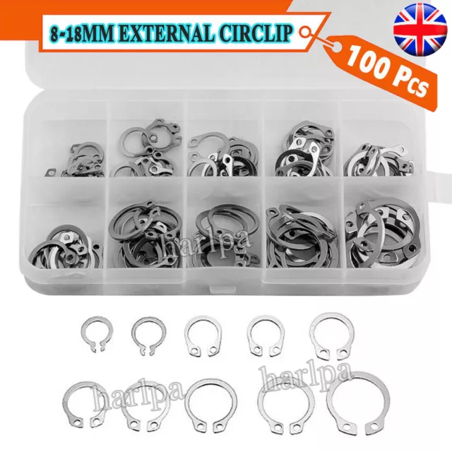 100x Stainless Steel External Circlip C Clip Retaining Ring Assorted Set 8-18mm