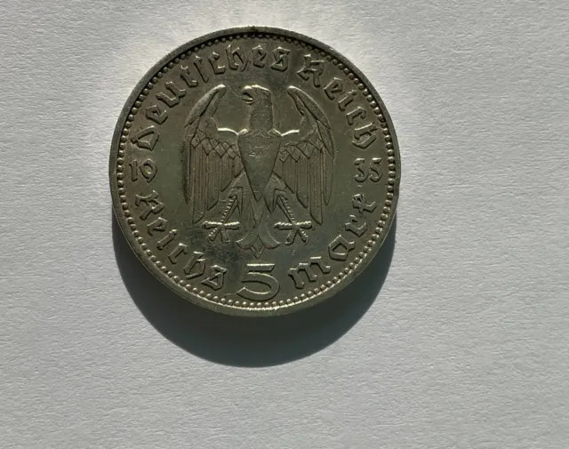 Drittes Reich Silbermünze 5 Reichsmark Hindenburg  1935 J rar selten Silber 14 g