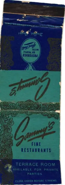 Sammy's Fine Restaurants, Available For Private Parties Vintage Matchbook Cover