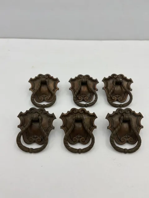 6 Vintage Brass Drop Ring Drawer Ring Pull & Backplate With Screw