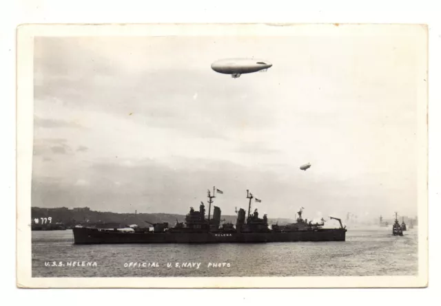 RPPC postcard USS HELENA CL-50 BATTLESHIP torpedoed Pearl Harbor WW2 Navy blimp