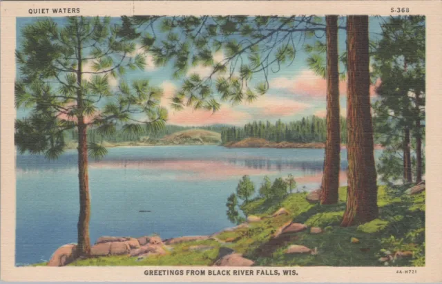 Vintage Postcard Linen Greetings Quiet Waters On Black River Falls Wisconsin