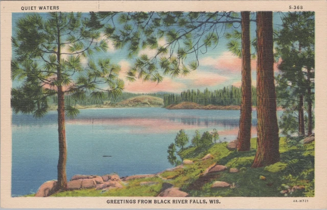 Vintage Postcard Linen Greetings Quiet Waters On Black River Falls Wisconsin