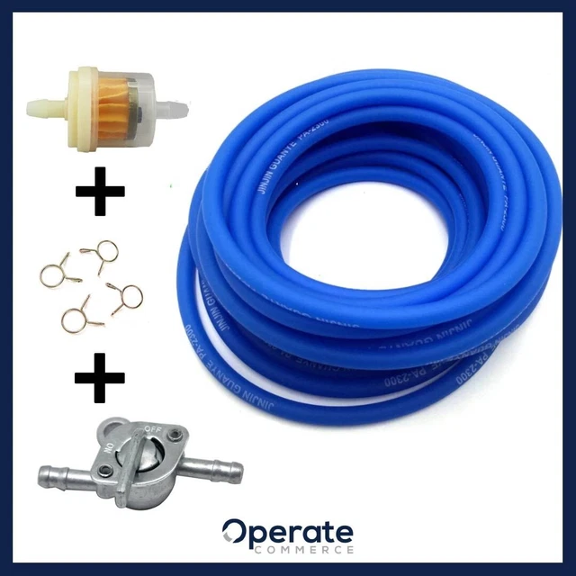 KIT TUBO BENZINA CARBURANTE BLU 1m CON FILTRO BENZINA E RUBINETTO D.INTERNO 5mm