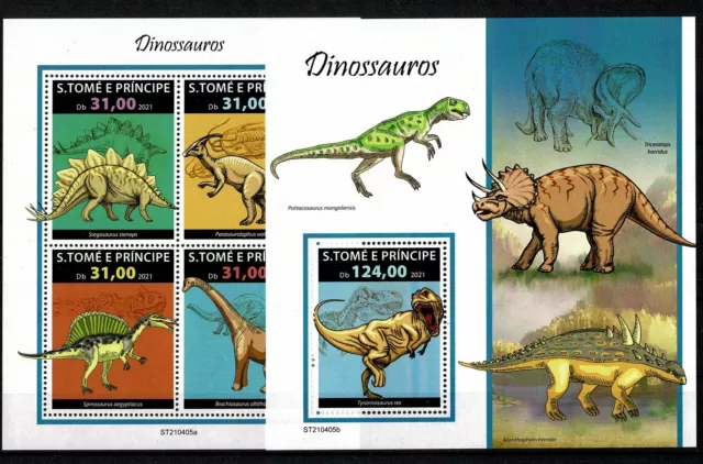 2021 S.Tome ' und Prinz Fauna Prähistorische Dinosaurier 4 Val + Bf MNH MF101255