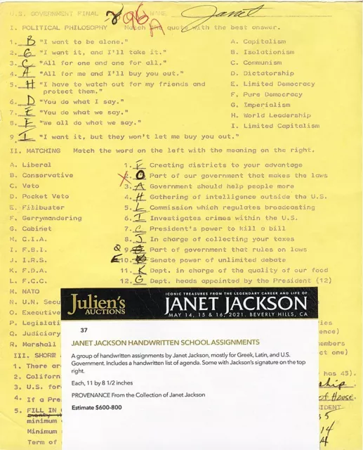 Rare -Janet Jackson- Signed/Autograph Handwritten Document - From Her Collection