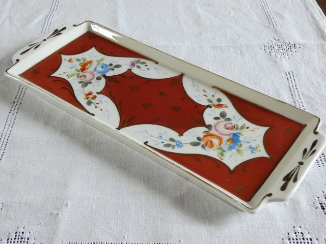 Plat à Cake Porcelaine De Limoges 1970 – Décor Plumes Peint Main – Vintage Rectangle