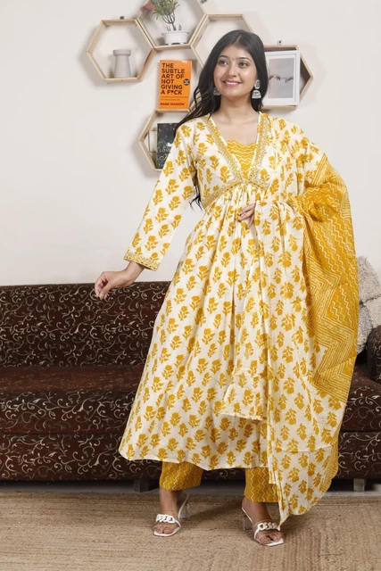 New Arrival Yellow Haldi Party Wear Anarkali Salwar Kurti Pant & Dupatta Dress