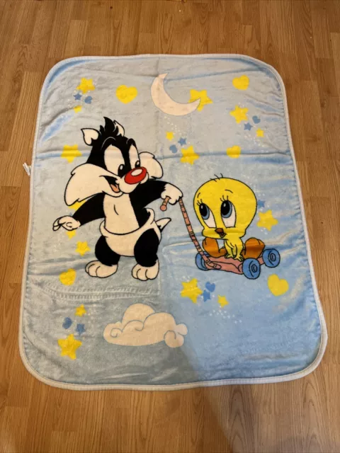 Baby Looney Tunes Sylvester Tweety Bird Blanket 42X30 Blue Vintage 1999