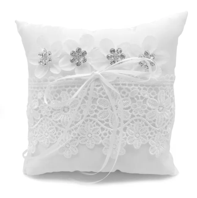 Coussin Mariage Porte Alliances Noeud Ruban Blanc Strass Borderie NEUF