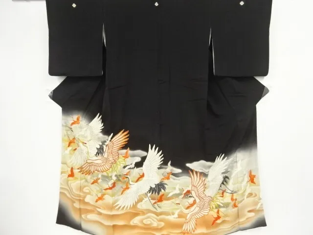 33098# Japanese Kimono / Antique Tomesode / Embroidery / Cranes