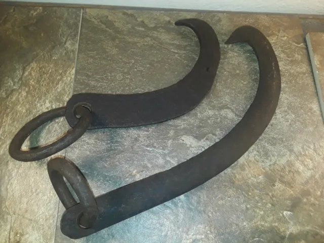 Antique Cast Iron Hand Forged Pair of Unique Blacksmith Ring Dogs - Primitive!