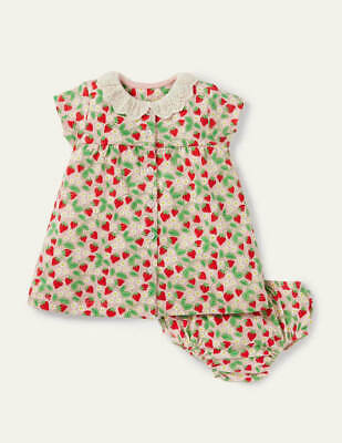 Mini Boden  Boto Pink Ditsy Strawberries Broderie Collar Jersey Dress Set
