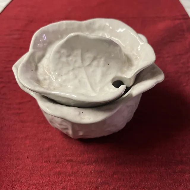 Vtg Portugal Majolica Pottery White Cabbage Sugar Bowl w/ Lid