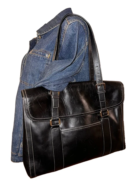 LEVENGER Black Leather Messenger Organizer Briefcase 2-strap Flap Shoulder Bag