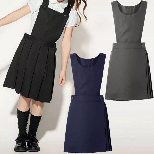 Girls School Uniform Pleated Plain Pinafore Bib Sleeveless Dress Age 2-18 Years