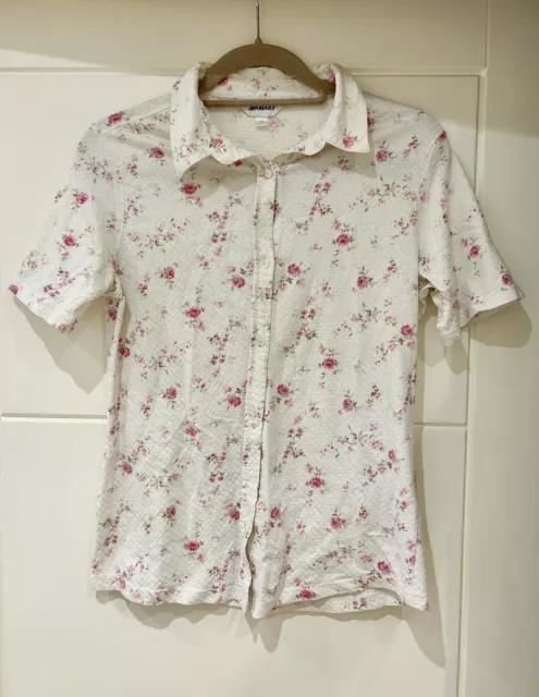 Damart Vintage 1990s Gorgeous White Floral Pink English Roses Shirt Top Size 12