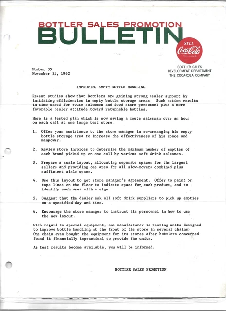 COCA-COLA LETTERHEAD Sales Promotion Bulletin Dated November 23, 1962