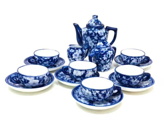 Vintage Victoria Ware Childs Tea Set Blue White Floral Ironstone 18 Pc England