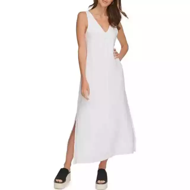 DKNY Pure White Linen V-Neck Sleeveless Maxi/Midi Dress Size Small