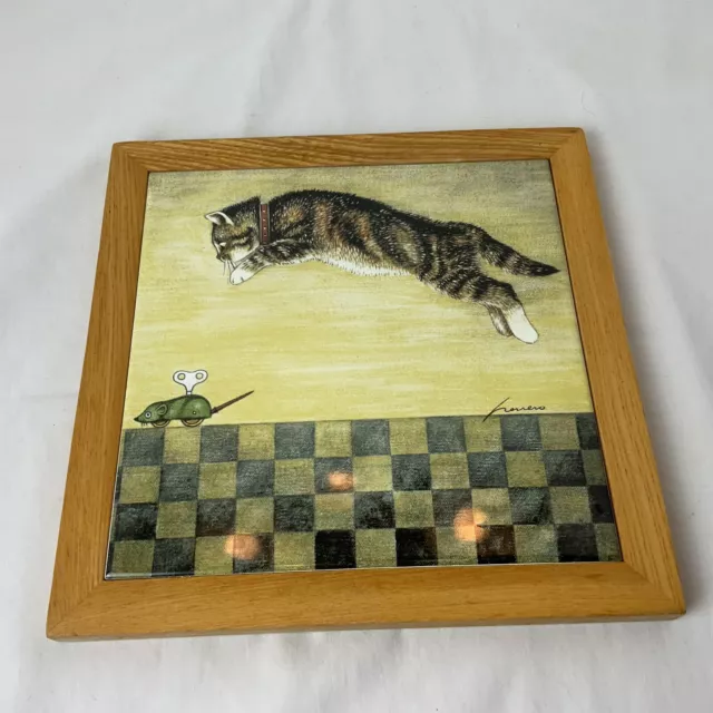 VTG Lowell Herrero 1982 Leaping Cat Wind Up Mouse Tile Trivet Wall Hanging