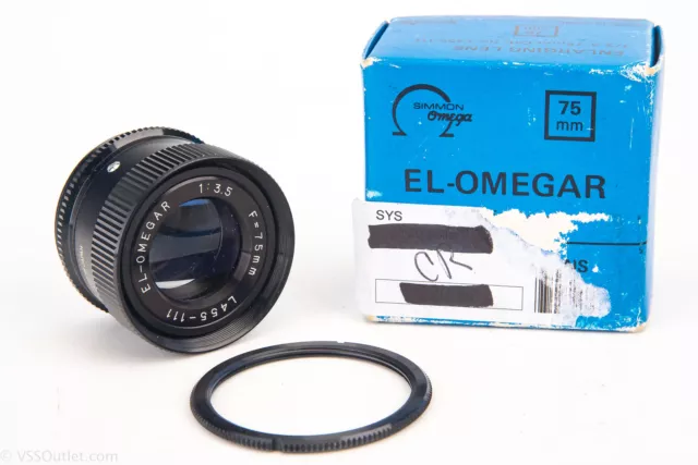 Simmon Omega El-Omegar 75mm f/3.5 Enlarging Lens in Box M39 NEAR MINT V22