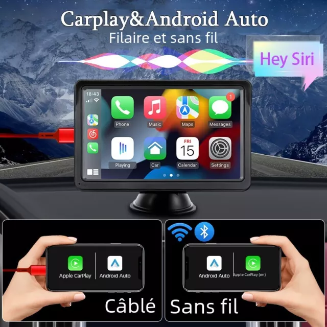 Lecteur vidéo de voiture Android Auto, CarPlay USB, AUX, Caméra de recul, 7"