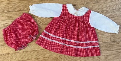 Vintage ALEXIS Baby Girl Dress &Bloomers 12 Mo. Red Ivory Lace Long Sleeve