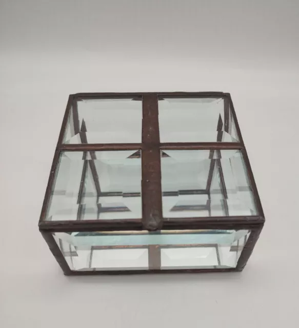 Clear Beveled Glass and Copper Hinged Lidded Jewelry Trinket Box 4" Vintage