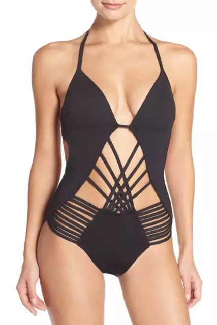 Kenneth Cole Macrame Strappy Push Up  Monokini Swimsuit Black XL NWT! $107