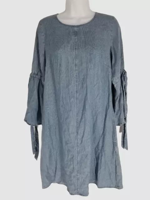 $98 Neiman Marcus Women's Blue Bell Sleeves Round Neck Denim Shift Dress Size 4