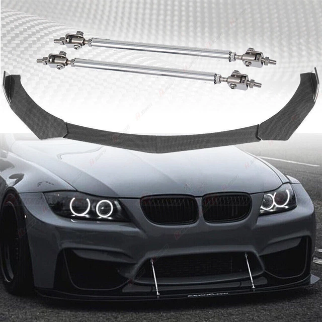 GOODFITMENT Carbon Fiber Look Front Bumper Lip Spoiler + Strut Rods – For BMW E46 E90, 4-Piece Kit
