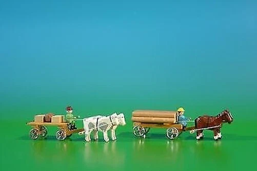 2 IN Miniatura Attacchi Lattenwagen Natura Con Bue, Carico: 2 Kisten, 1 Barile U