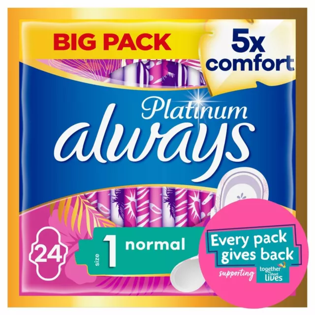Paquete de 24 toallas sanitarias Always Platinum Normal (Talla 1) con alas