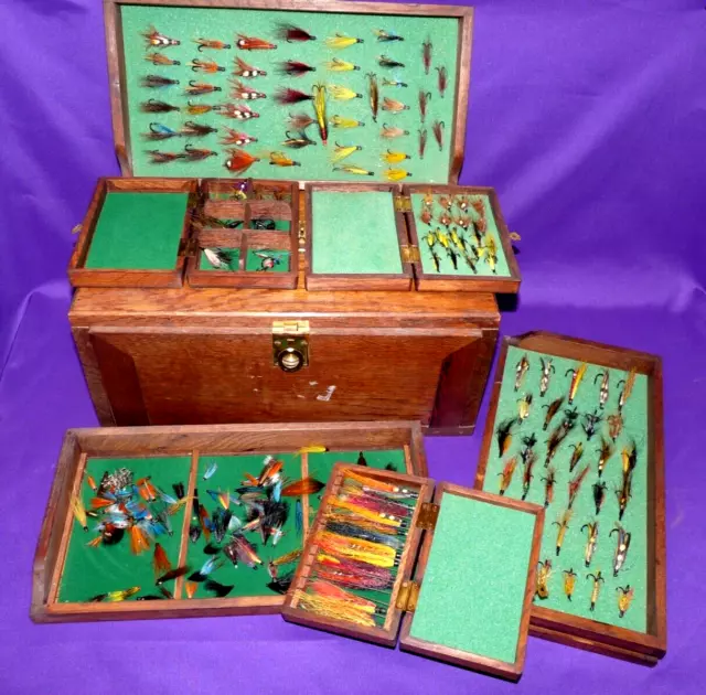 vintage oak fly reservoir brass handle, slide trays huge salmon fly collection