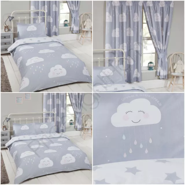 Happy Clouds / Stars Bedroom - Curtains & Duvet Cover Set Junior Single Double